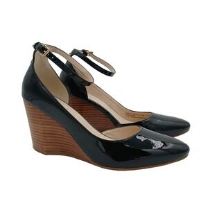 Cole Haan Women Lacey Wedge Ankle Strap Size 7 Black Patent Leather Ankle Strap